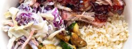 BBQ Pulled Pork Platter with Cheesy Rice and Coleslaw