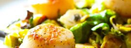Pan-Seared Scallops with Brussels Sprouts and Lemon-Chive Crème Fraîche